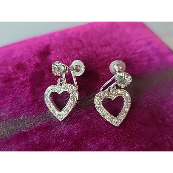 Weiss Clear Rhinestone Heart Shaped Dangling Screwback Earrings - Picture 2 of 10